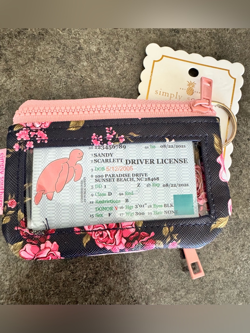 Simply Southern Coquette Floral Rose on Black ID Keychain Wallet NWT